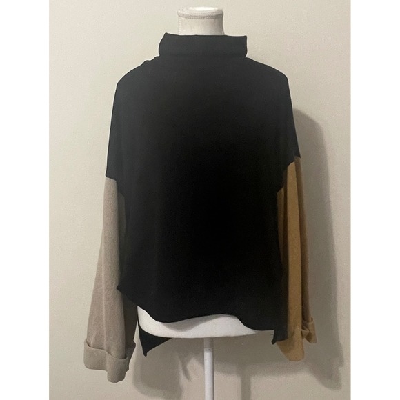SHE+SKY Women Color Block Hi Low Top Black Beige Brown Long Sleeve Large Sweater - Picture 2 of 7